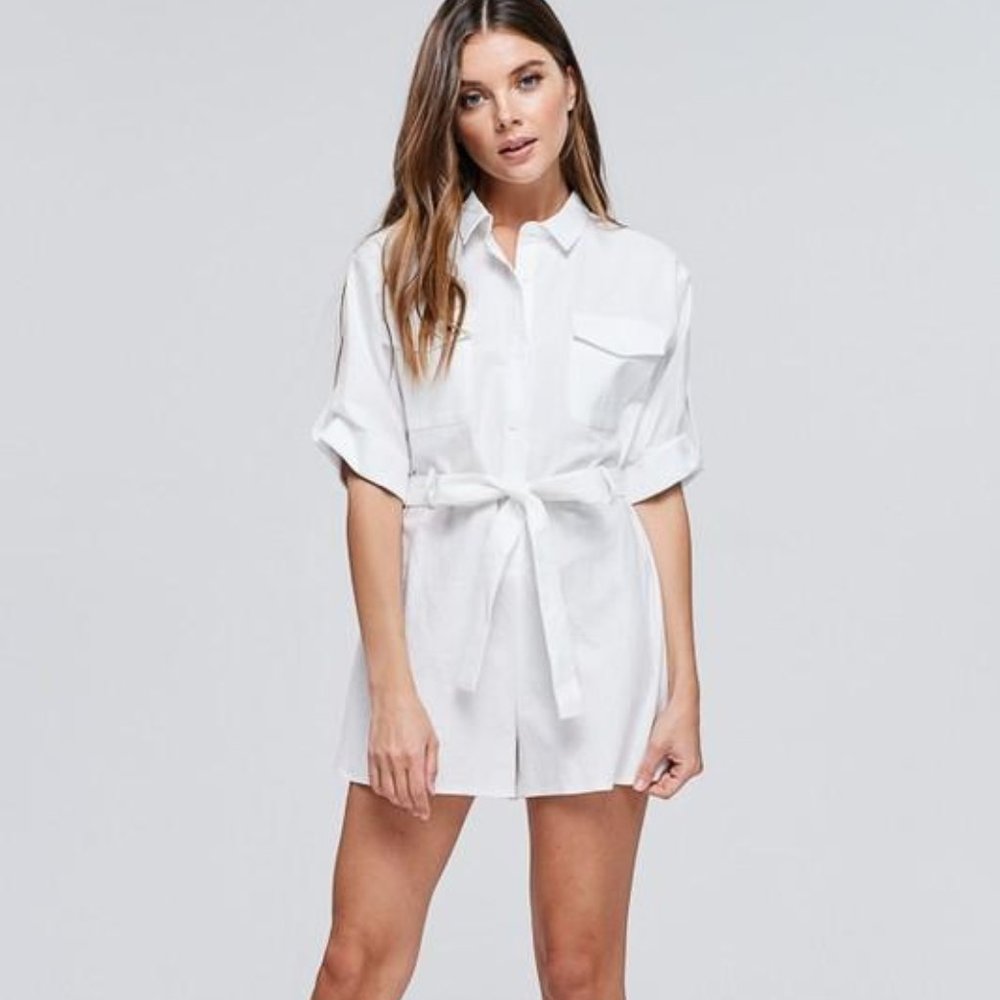 White Tie Button Up Romper